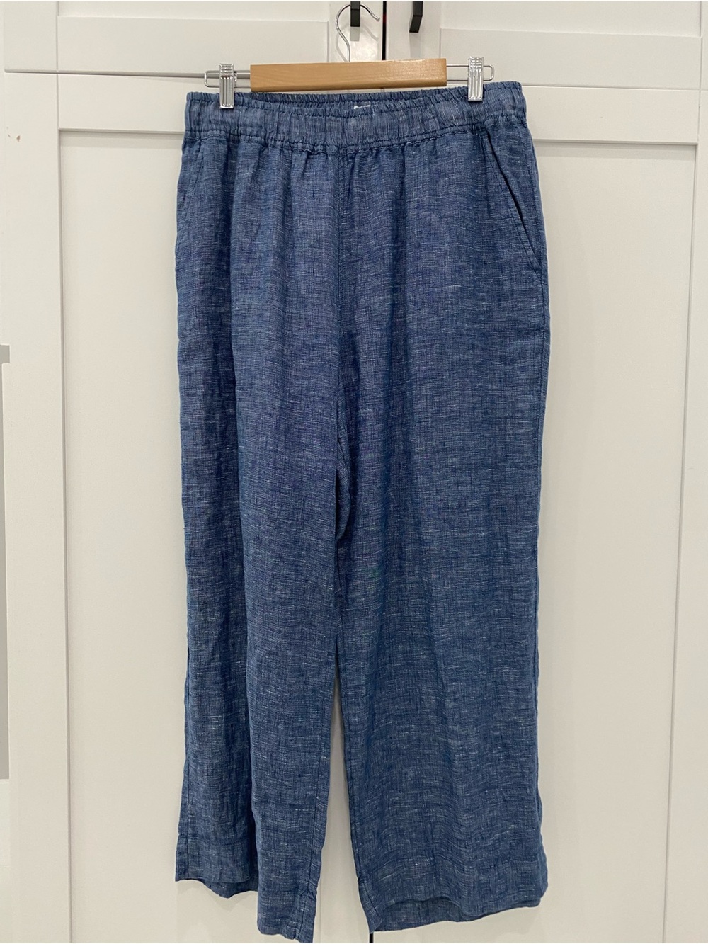 Sigrid Olsen Wide-Leg 100% Linen Pants in Denim Blue with side pockets